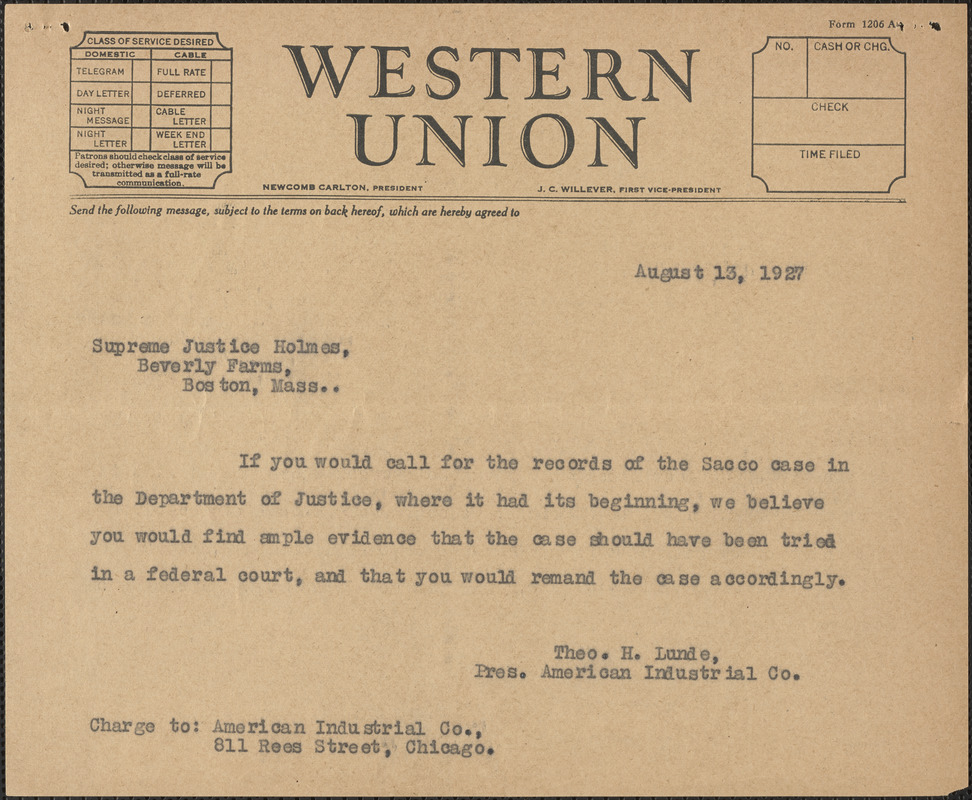 Theo. H. Lunde (American Industrial Company) telegram (copy) to [Oliver Wendell] Holmes, Chicago, Ill., August 13, 1927