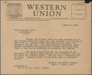 Theo. H. Lunde (American Industrial Company) telegram (copy) to [William Howard] Taft, [Chicago, Ill.], August 9, 1927