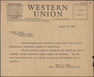 Theo. H. Lunde (American Industrial Company) telegram (copy) to Nicola Sacco, [Chicago, Ill.], August 12, 1927