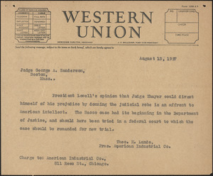 Theo. H. Lunde (American Industrial Co.) telegram (copy) to George A. Sanderson, Chicago, Ill., August 13, 1927