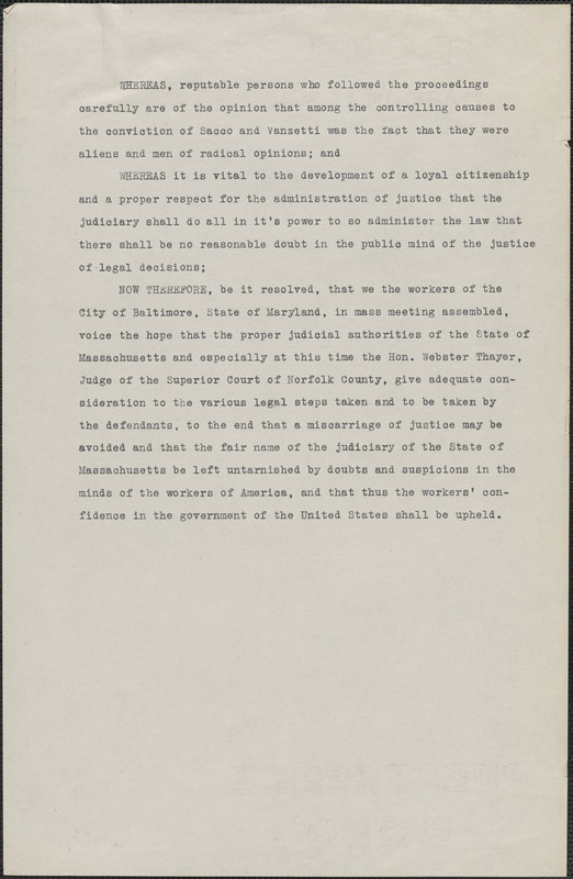 Baltimore workers typed resolution (copy) to Webster Thayer, Baltimore, Md., [August 1927]
