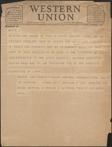 A. Berman et al (Bakery and Confectionary Workers International Union of America, Local 5000) telegram to Sacco-Vanzetti Defense Committee, Bronx, N. Y., [1927?]