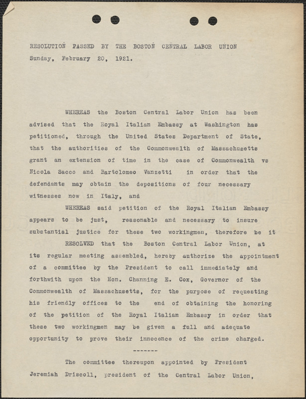 Boston Central Labor Union typed resolution, [Boston, Mass.], February 20, 1921