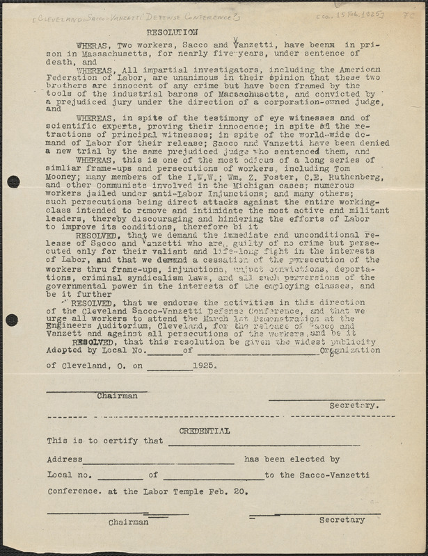 [Cleveland Sacco-Vanzetti Defense Committee] typed resolution (circular), [Cleveland, Ohio], approximately [February 15, 1925]