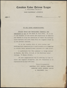 A. Shalinsky (Canadian Labor Defense League) typed document (circular), [May 1927?]
