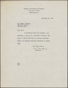 A. E. Brophy (Henry L. Doherty & Company) typed note signed to Thomas O'Connor (Citizens National Committee), New York, N. Y., September 20, 1927