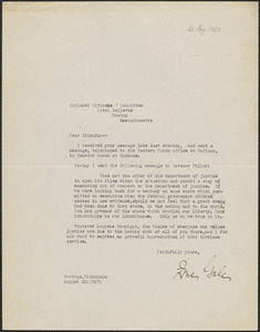 Zona Gale typed letter signed to Citizens National Committee [for Sacco and Vanzetti], Portage, Wis., [August 22, 1927]