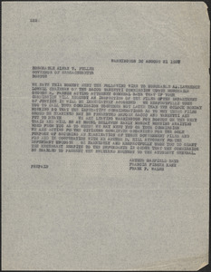 Arthur G. Hays et al telegram (copy) to Alvan T. Fuller, Washington, D. C., August 21, 1927