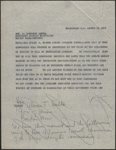 Arthur G. Hays et al telegram (copy) to A. Lawrence Lowell; Washington, D. C., August 21, 1927