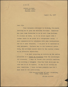 Joseph Jastrow typed letter (copy) to [Thomas O'Connor, Citizens National Committee for Sacco and Vanzetti], Boston, Mass., August 18, 1927