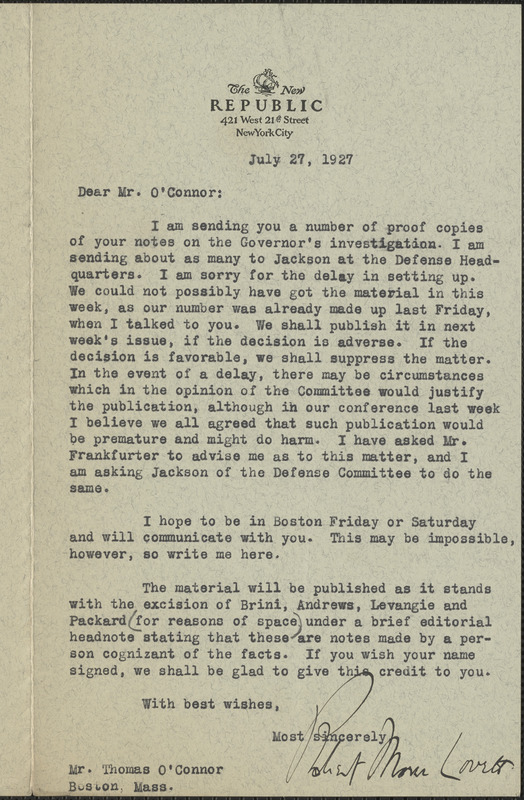 Robert Morss Lovett (The New Republic) typed letter signed to [Thomas] O'Connor (Citizens National Committee for Sacco and Vanzetti), New York, N. Y., July 27, 1927