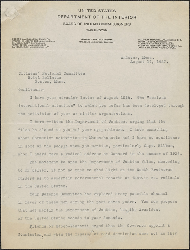 W. K. Moorehead (Board of Indian Commissioners, United States Department of the Interior) typed letter signed to Citizens National Committee [for Sacco and Vanzetti], Andover, Mass., August 17, 1927