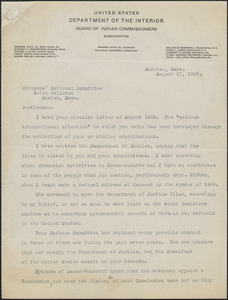 W. K. Moorehead (Board of Indian Commissioners, United States Department of the Interior) typed letter signed to Citizens National Committee [for Sacco and Vanzetti], Andover, Mass., August 17, 1927