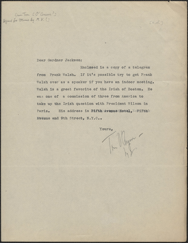 Tom O'Connor typed note signed to Gardner Jackson, [July-August 1927]