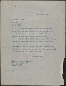 [Thomas O'Connor] (Citizens National Committee for Sacco and Vanzetti) typed letter (copy) to Rockwell Kent, Boston, Mass., August 25, 1927