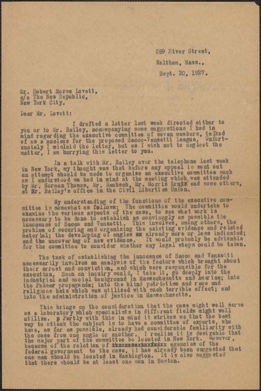 [Thomas O'Connor] typed letter (copy) to Robert Morss Lovett (The New Republic), Waltham, Mass., September 20, 1927