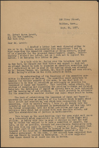 [Thomas O'Connor] typed letter (copy) to Robert Morss Lovett (The New Republic), Waltham, Mass., September 20, 1927