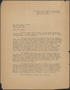 [Thomas O'Connor, Citizens National Committee for Sacco and Vanzetti] typed letter (copy) to Benjamin C. Marsh, Boston, Mass., August 14, 1927