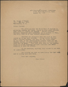 [Thomas O'Connor, Citizens National Committee for Sacco and Vanzetti] typed letter (copy) to Harvey O'Connor, Boston, Mass., August 14, 1927