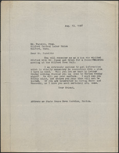 [Thomas O'Connor, Citizens National Committee for Sacco and Vanzetti] typed letter (copy) to Mr. Parelli (Milford Central Labor Union), [Boston, Mass.], August 13, 1927