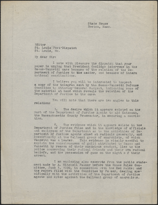 [Thomas O'Connor, Citizens National Committee for Sacco and Vanzetti] typed letter (copy) to Editor, St. Louis Post-Dispatch, Boston, Mass., [August 1927?]