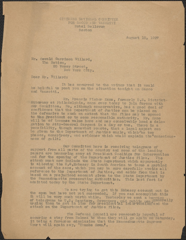 Thomas O'Connor (Citizens National Committee for Sacco and Vanzetti) typed letter (copy) to Oswald Garrison Villard, The Nation, Boston, Mass., August 18, 1927