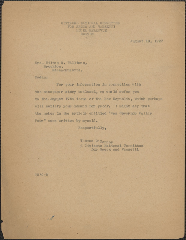 Thomas O'Connor (Citizens National Committee) typed letter (copy) to Mrs. Hilton H. Williams, Boston, Mass., August 19, 1927