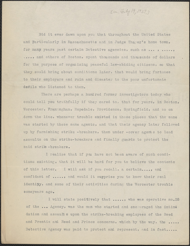 [Thomas O'Connor] typed letter, [Boston, Mass.?], approximately [July 19, 1927]