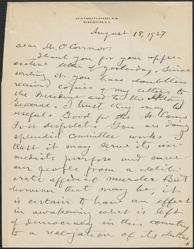 Louis F. Post autograph letter signed to [Thomas] O'Connor (Citizens ...