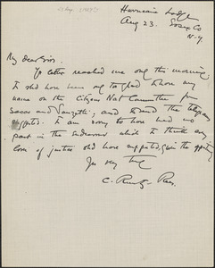 Autograph note signed to [Thomas O'Connor, Citizens National Committee For Sacco and Vanzetti], N. Y., August 23, [1927?]