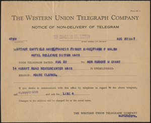 Western Union Telegraph Company telegram to Arthur Garfield Hays, Francis Fisher Kane and Frank P. Walsh, Boston, Mass., August 22, 1927