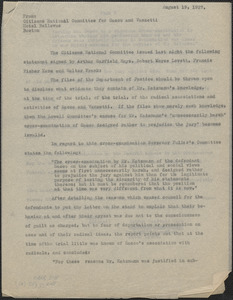 Citizens National Committee for Sacco and Vanzetti press release (copy), Boston, Mass., August 19, 1927