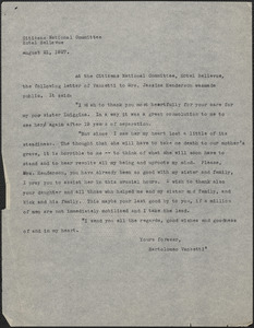Citizens National Committee for Sacco and Vanzetti press release (copy), [Boston, Mass.], August 21, 1927