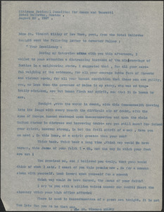 Citizens National Committee for Sacco and Vanzetti press release (copy), Boston, Mass., August 22, 1927