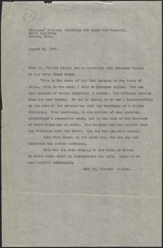 Citizens National Committee for Sacco and Vanzetti press release (copy), Boston, Mass., August 22, 1927