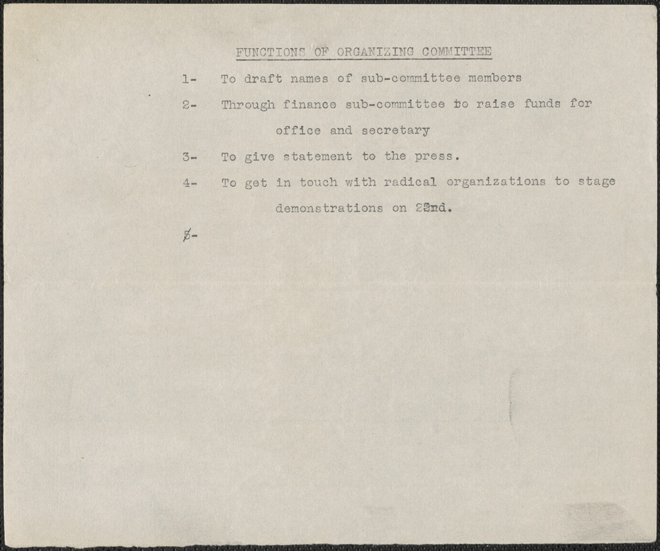 [Citizens National Committee for Sacco and Vanzetti] typed document (copy),[July-August 1927]: Functions of organizing committee