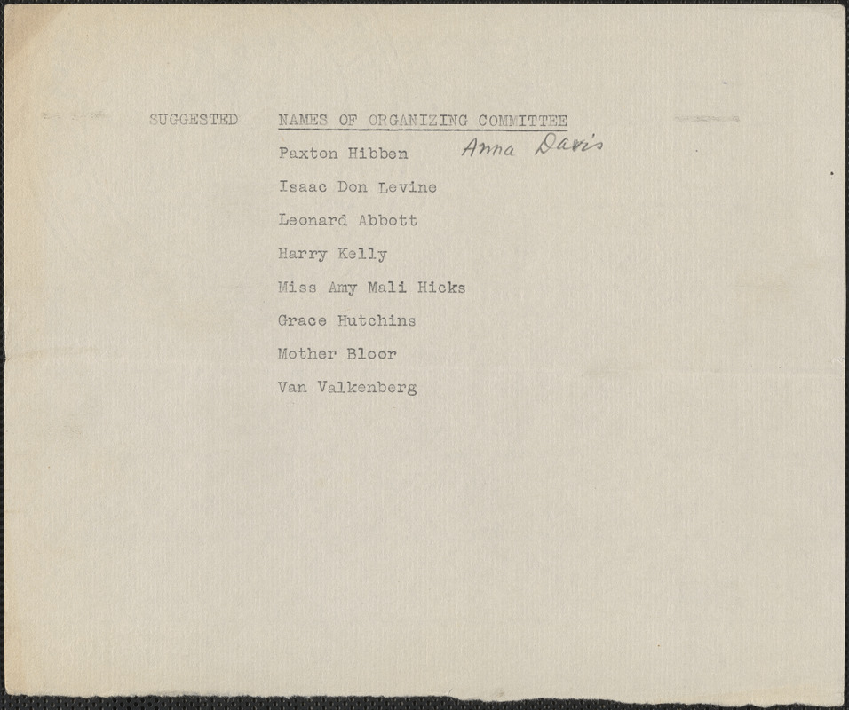 [Citizens National Committee for Sacco and Vanzetti] typed document (copy),[July-August 1927]: Suggested names of organizing committee
