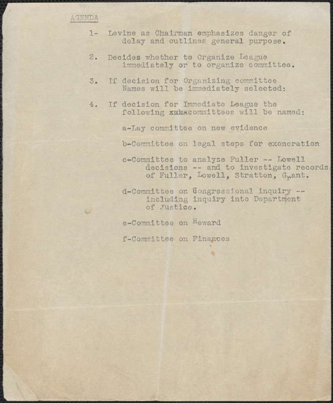 [Citizens National Committee for Sacco and Vanzetti] typed document (copy) [Boston, Mass., July-August 1927]: Agenda