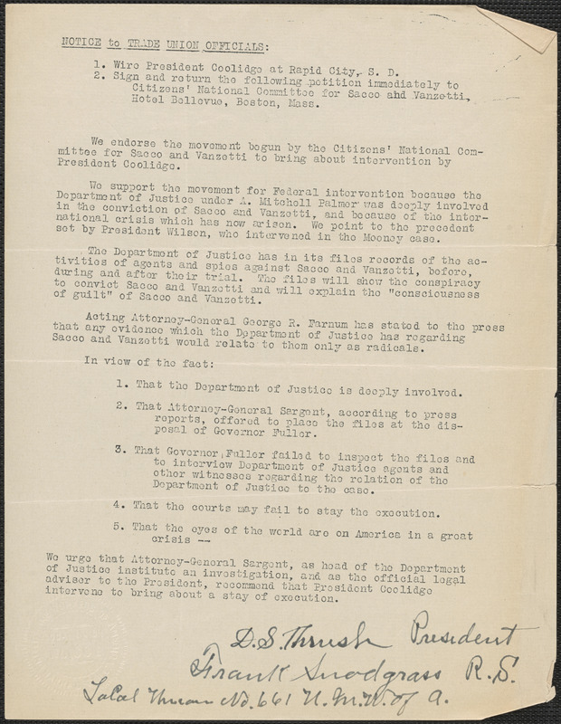 [Citizens National Committee for Sacco and Vanzetti] typed document (copy), [July-August 1927]: Notice to trade union officials