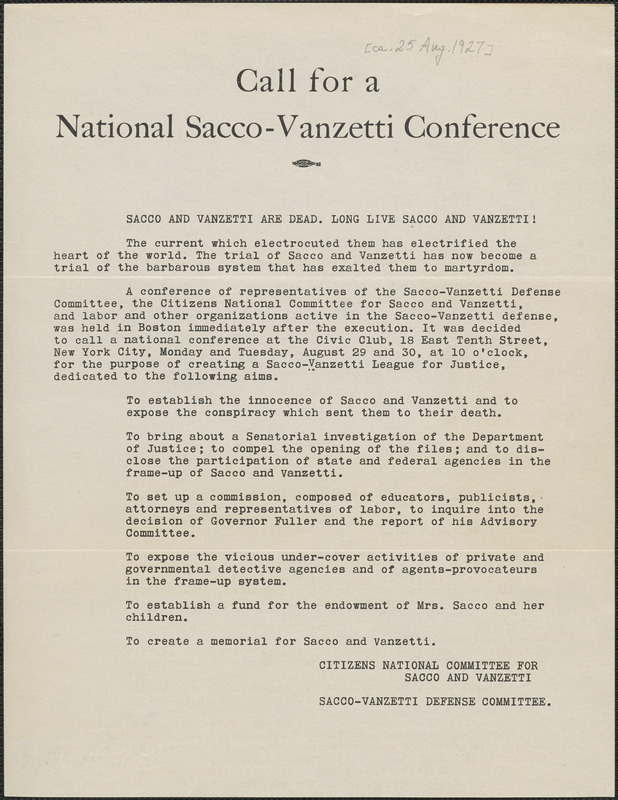 Citizens National Committee for Sacco and Vanzetti and Sacco-Vanzetti Defense Committee printed document (copy), [Boston, Mass.], approximately [August 25, 1927]: Call for a National Sacco-Vanzetti Conference