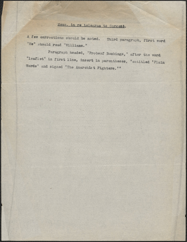 [Thomas O'Connor?] typed note, [Boston, Mass., August 1927]: Memo in re telegram to Sargent