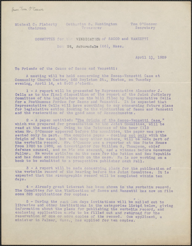 Tom O'Connor (Committee for the Vindication of Sacco and Vanzetti) typed letter signed (circular) to the Friends of the cause of Sacco and Vanzetti, Auburndale, Mass., April 11, 1959