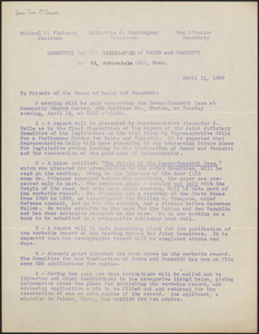 Tom O'Connor (Committee for the Vindication of Sacco and Vanzetti) typed letter signed (circular) to the Friends of the cause of Sacco and Vanzetti, Auburndale, Mass., April 11, 1959