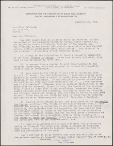 Tom O'Connor (Committee for the Vindication of Sacco and Vanzetti) typed letter signed to Aldino Felicani, Auburndale, Mass., December 24, 1961