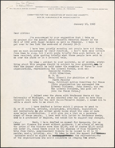 Tom O'Connor (Committee for the Vindication for Sacco and Vanzetti) typed letter signed to Aldino Felicani, Auburndale, Mass., January 18, 1965