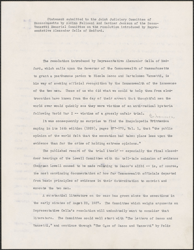 Aldino Felicani and Gardner Jackson (Sacco-Vanzetti Memorial Committee) typed document signed to the Joint Judiciary Committee of Massachusetts, Boston, Mass., March 30, 1959