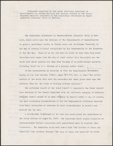 Aldino Felicani and Gardner Jackson (Sacco-Vanzetti Memorial Committee) typed document signed to the Joint Judiciary Committee of Massachusetts, Boston, Mass., March 30, 1959