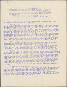 Michael A. Musmanno typed document (copy) to the Joint House and Senate Judiciary Committee of the Massachusetts Legislature, Boston, Mass., April 2, 1959