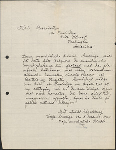 Deje Anarkistiske Klubb autograph letter signed, in Swedish, to [Calvin] Coolidge, Deje, Sweden, December 8, 1924