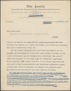 Wilhelm Kroner (Die Justiz) typed letter signed, in German, to Sacco-Vanzetti Defense Committee, Berlin, Germany, September 2, 1927